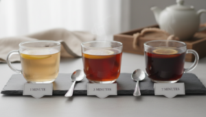 Drei Tassen schwarzer Tee mit unterschiedlichen Ziehzeiten (zu kurz, optimal, zu lang) zeigen den Farbunterschied bei verschiedener Ziehzeit schwarzer Tee