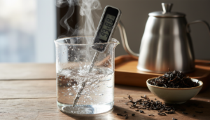 Ein Thermometer zeigt die optimale Wassertemperatur für schwarzen Tee (95°C), wichtig für die richtige Ziehzeit schwarzer Tee