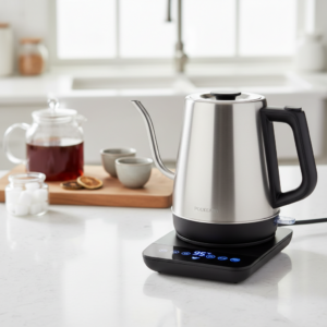 Ein Wasserkocher mit Temperaturanzeige wird für die optimale Ziehzeit schwarzer Tee verwendet