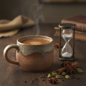 Eine Tasse Chai Tee mit Gewürzen wie Zimt und Kardamom daneben und einer Uhr, die die Ziehzeit schwarzer Tee von 5 Minuten anzeigt