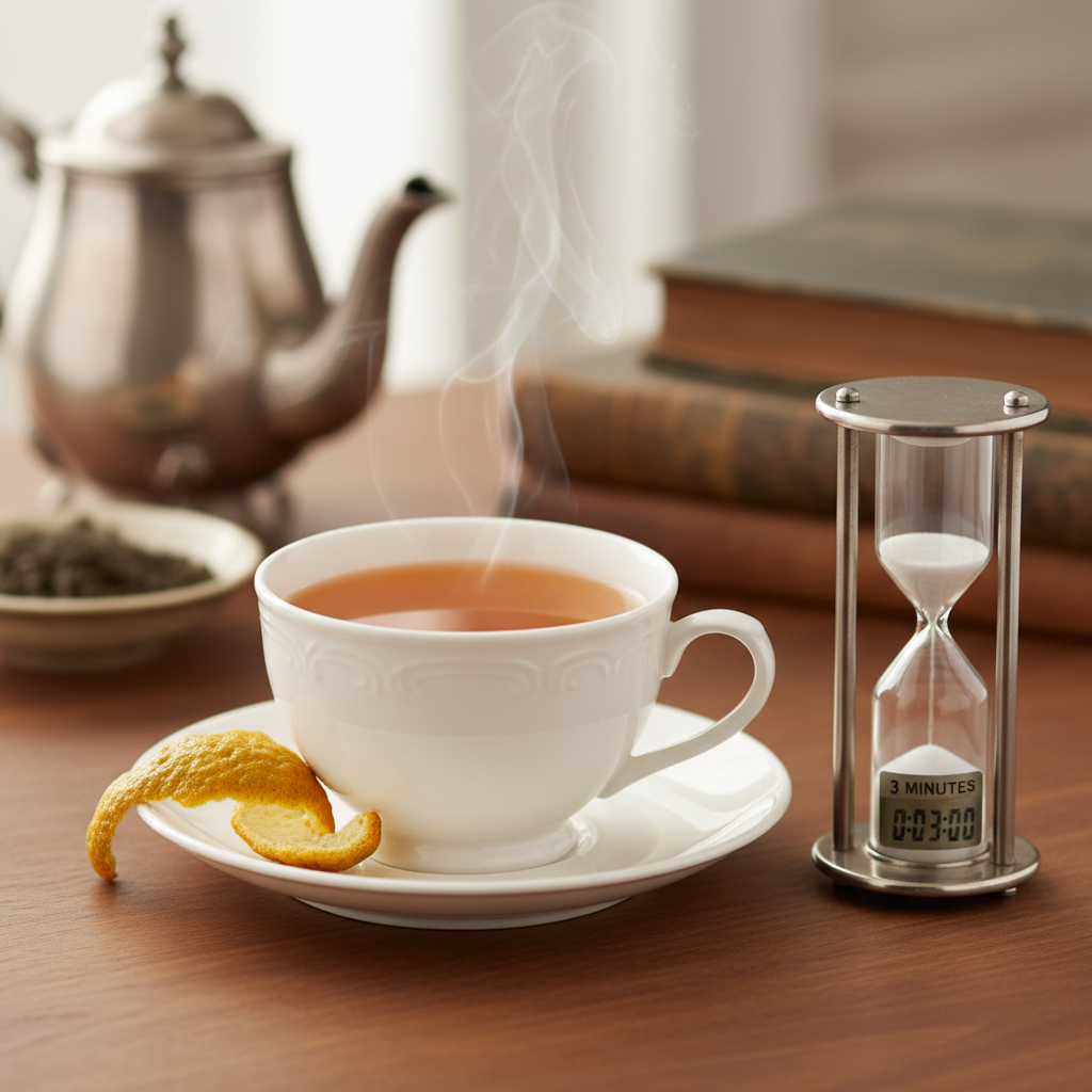 Eine Tasse Earl Grey Tee mit Bergamotte daneben und einer Uhr, die die Ziehzeit schwarzer Tee von 3 Minuten anzeigt