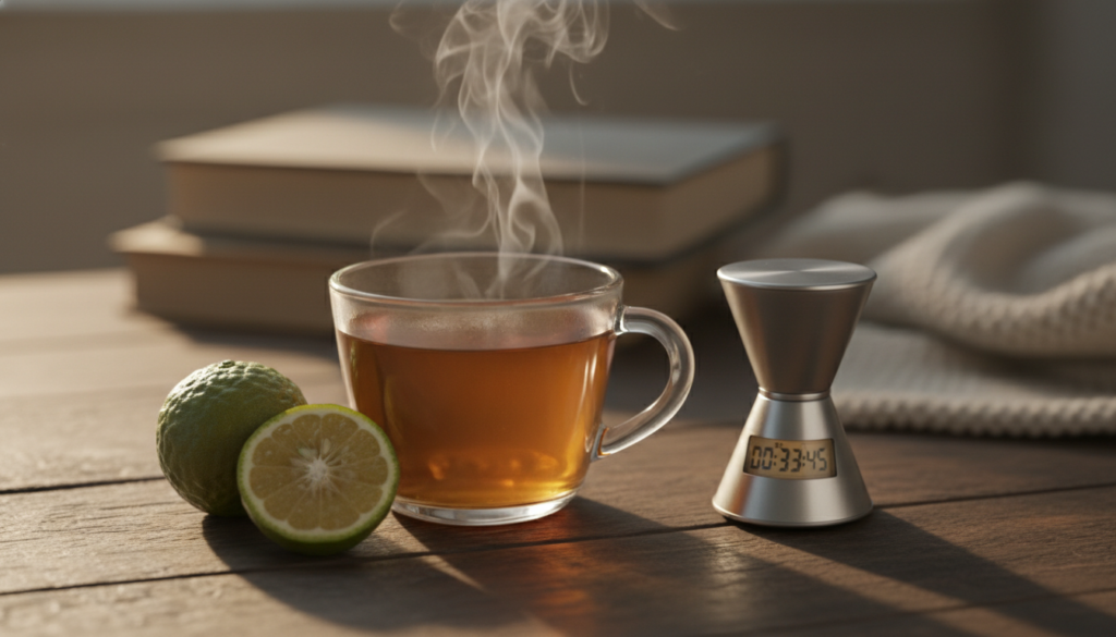 Eine Tasse Earl Grey Tee mit Bergamotte daneben und einer Uhr, die die Ziehzeit schwarzer Tee anzeigt