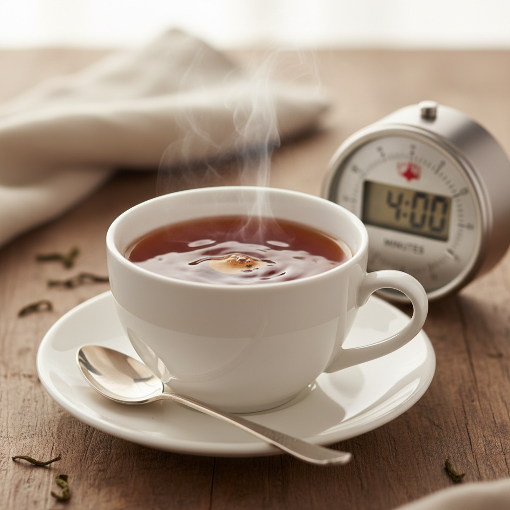 Eine Tasse English Breakfast Tee mit typischem kräftigen Rot-Braun und einer Uhr, die die Ziehzeit schwarzer Tee von 4 Minuten anzeigt