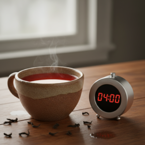 Eine Tasse dunklen Assam Tee mit einer Uhr, die die Ziehzeit schwarzer Tee von 4 Minuten anzeigt