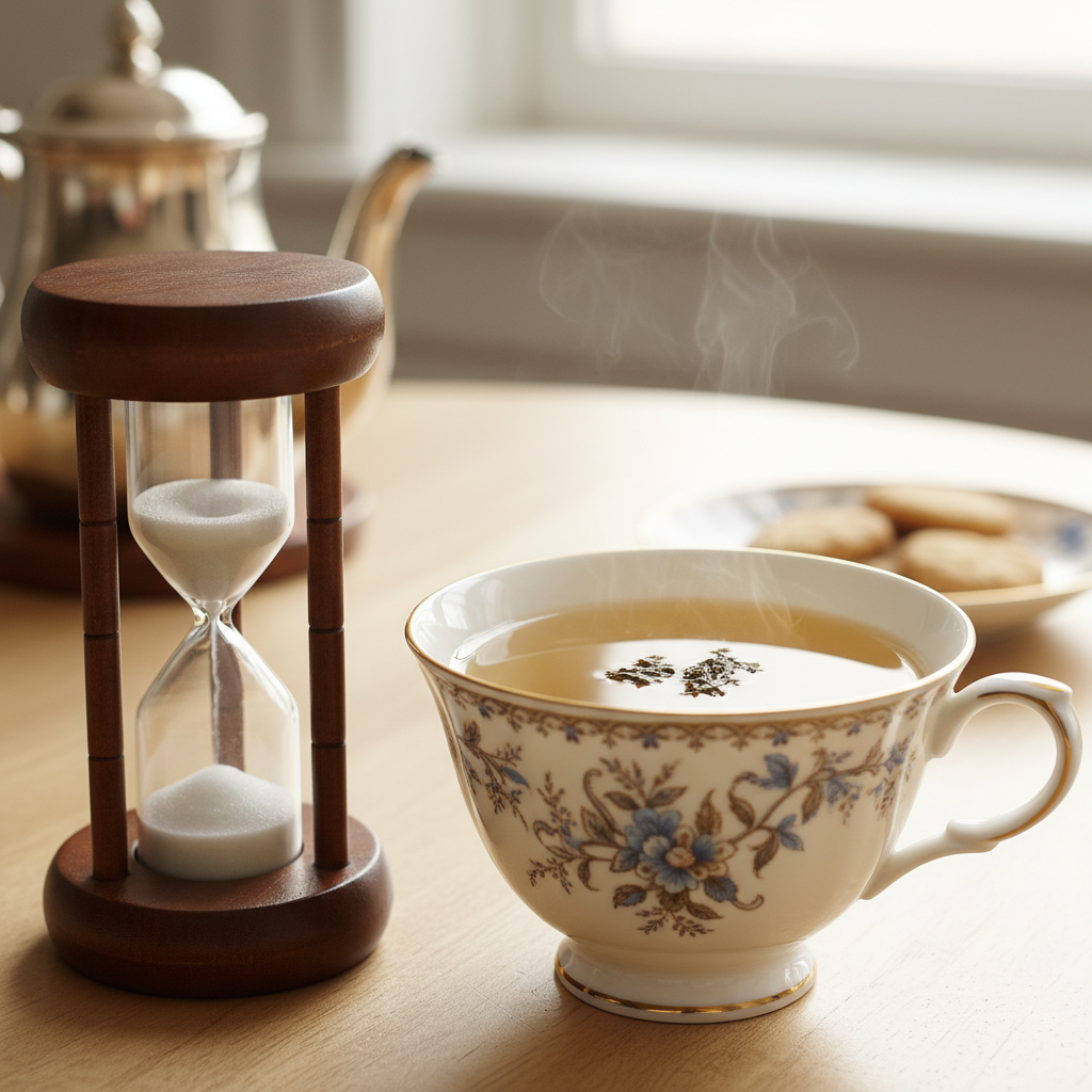 Eine Tasse hellen Darjeeling First Flush Tee mit einer Uhr, die die Ziehzeit schwarzer Tee von 2-3 Minuten anzeigt