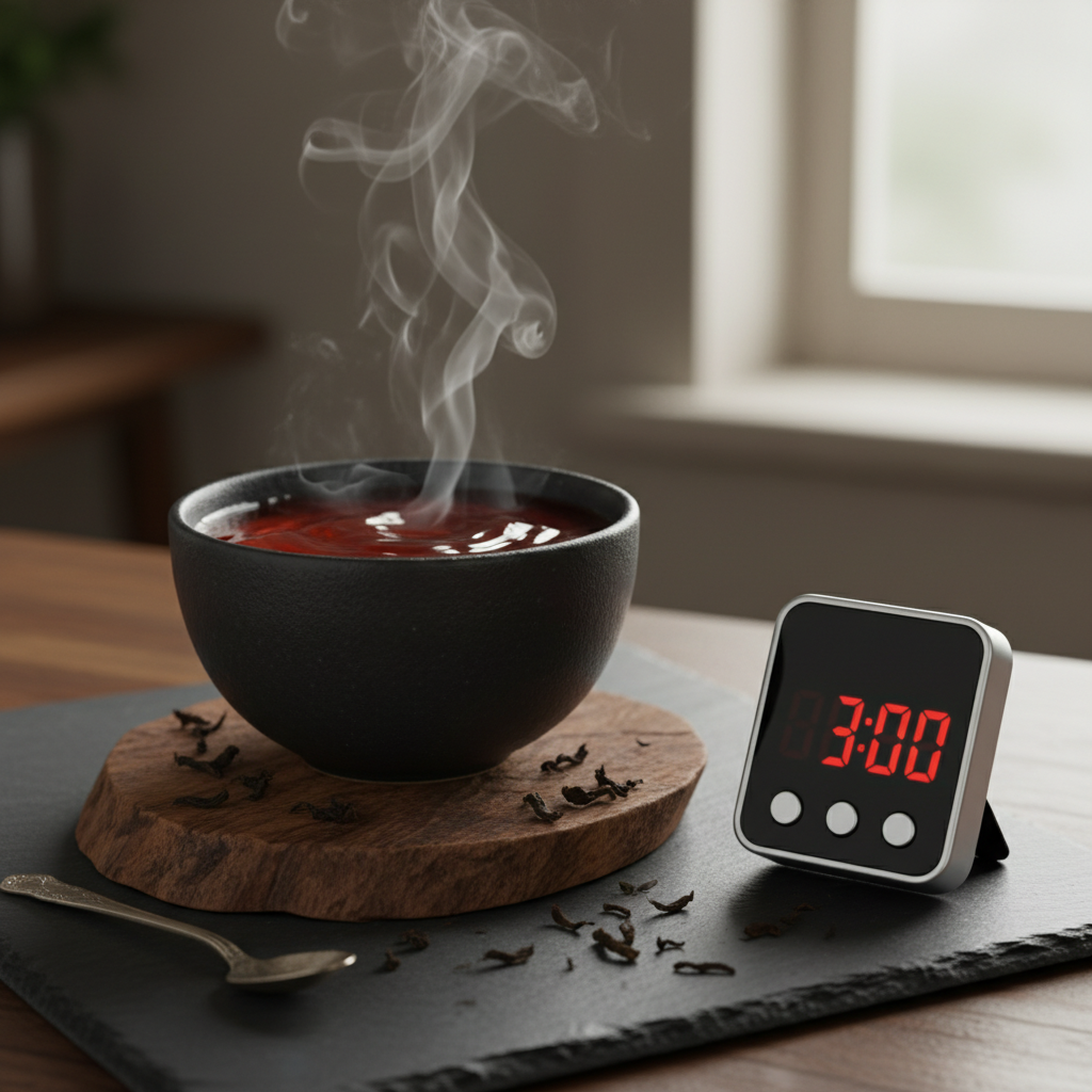 Eine Tasse rauchigen Lapsang Souchong Tee mit einer Uhr, die die Ziehzeit schwarzer Tee von 3 Minuten anzeigt