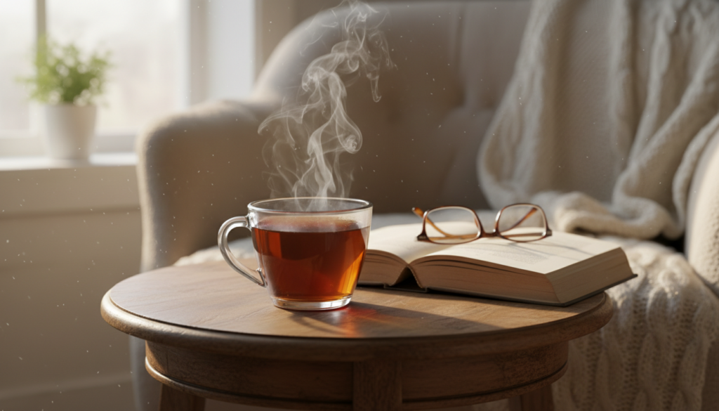 Eine perfekt zubereitete Tasse schwarzer Tee mit der richtigen Ziehzeit schwarzer Tee, daneben ein Buch und eine gemütliche Leseecke
