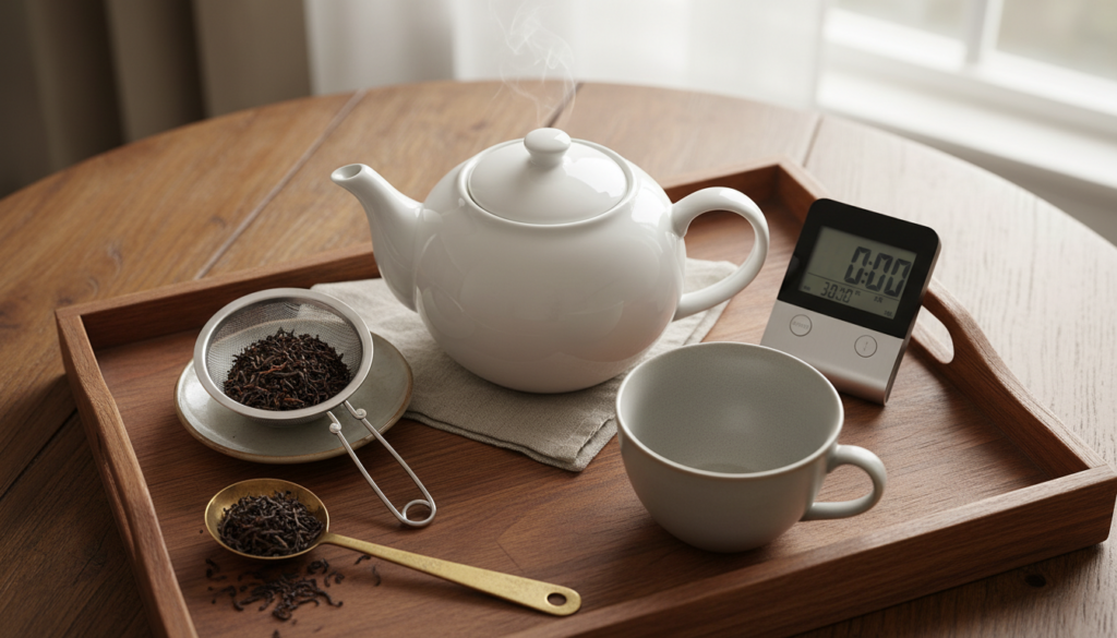Perfekte Teezubereitung mit vorgewärmter Teekanne, Teesieb und Timer für die optimale Ziehzeit schwarzer Tee