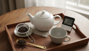 Perfekte Teezubereitung mit vorgewärmter Teekanne, Teesieb und Timer für die optimale Ziehzeit schwarzer Tee