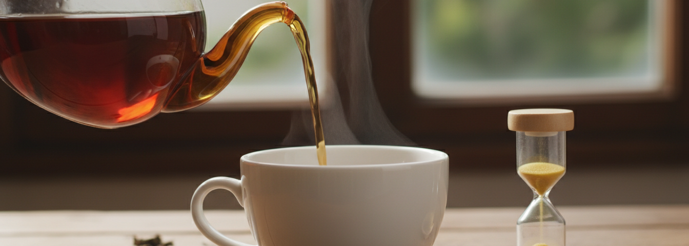 Schwarzer Tee wird in eine Tasse gegossen, mit einer Sanduhr daneben, die die Ziehzeit schwarzer Tee symbolisiert
