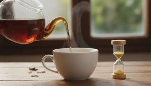 Schwarzer Tee wird in eine Tasse gegossen, mit einer Sanduhr daneben, die die Ziehzeit schwarzer Tee symbolisiert