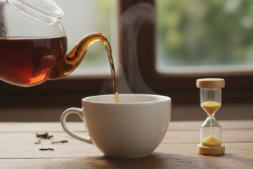 Schwarzer Tee wird in eine Tasse gegossen, mit einer Sanduhr daneben, die die Ziehzeit schwarzer Tee symbolisiert