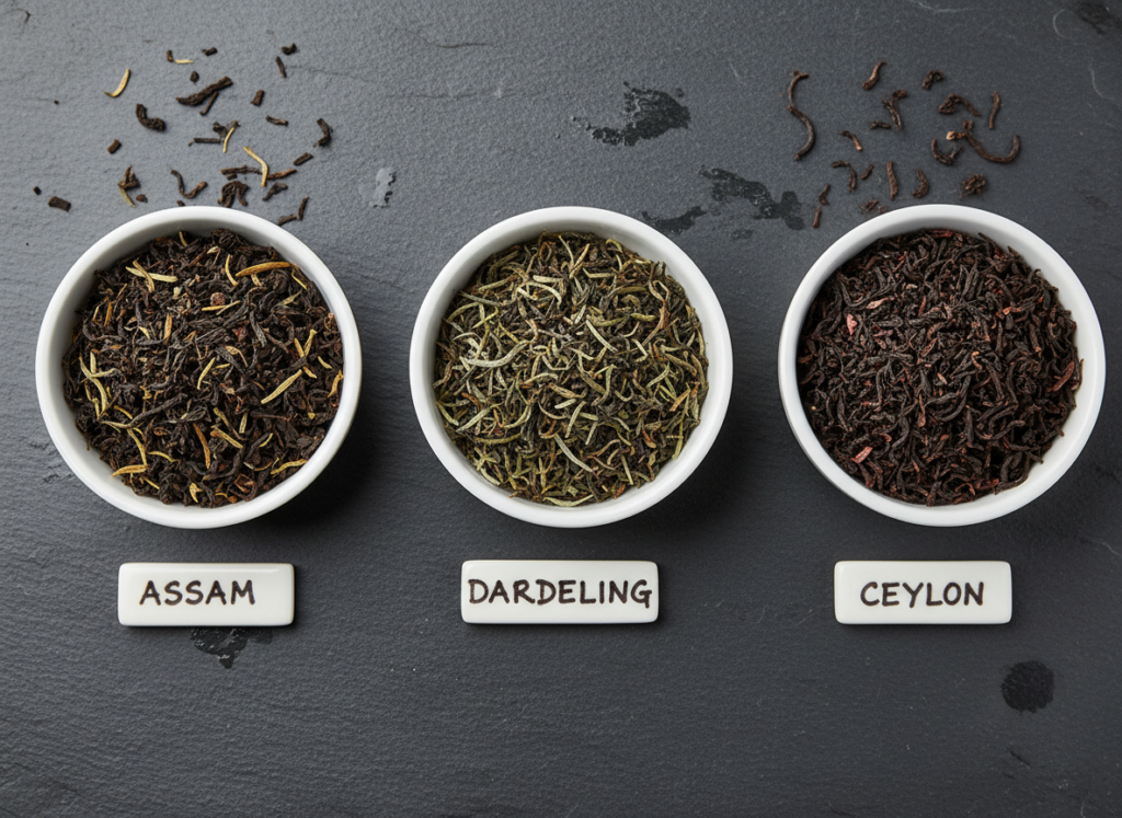 Verschiedene Schwarzteesorten (Assam, Darjeeling, Ceylon) nebeneinander in kleinen Schalen, um die Unterschiede zu zeigen, die die Ziehzeit schwarzer Tee beeinflussen